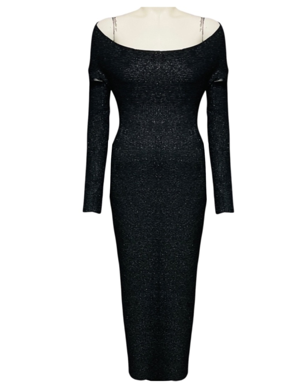 KHAITE ONYX MARISOLE OFF SHOULDER FITTED KNIT MIDI DRESS